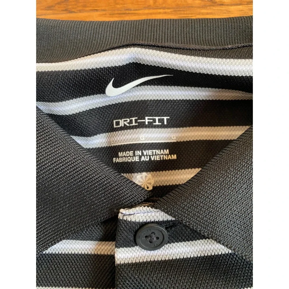 Nike Dri-FIT Mens Large Black White Striped V Logo Golf Polo Shirt Short Sleeve